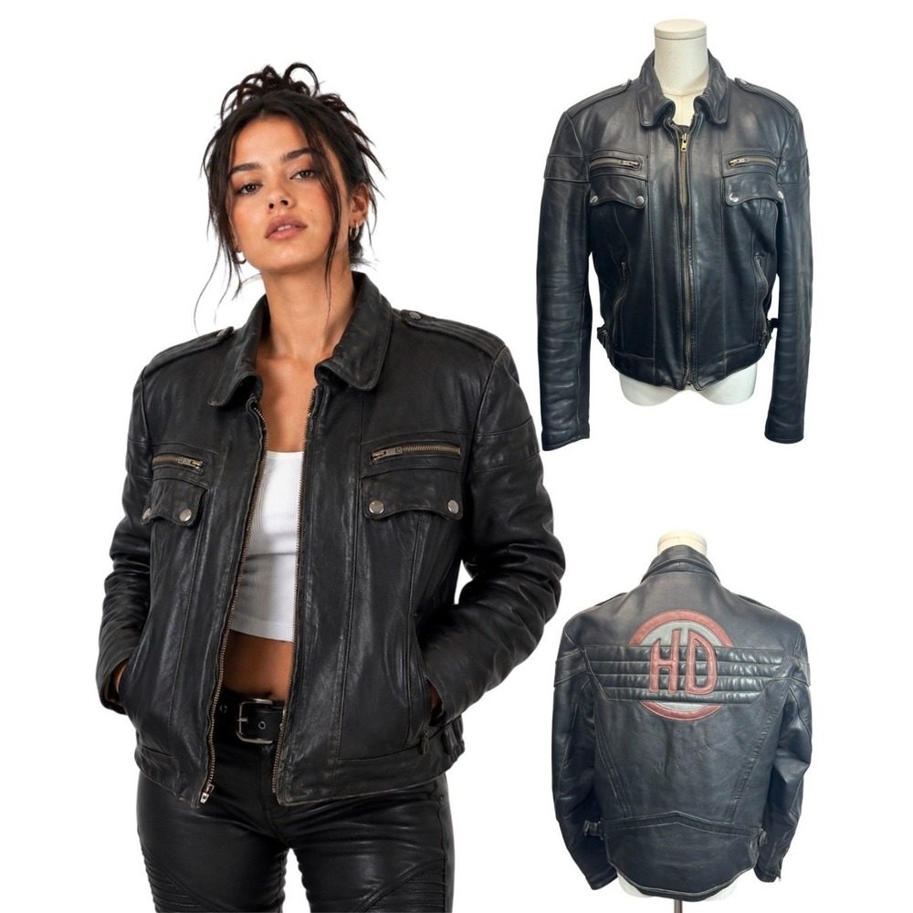 90s Harley Davidson Leather Bomber Jacket Logo Black Y2K Bikercore Moto Womens S